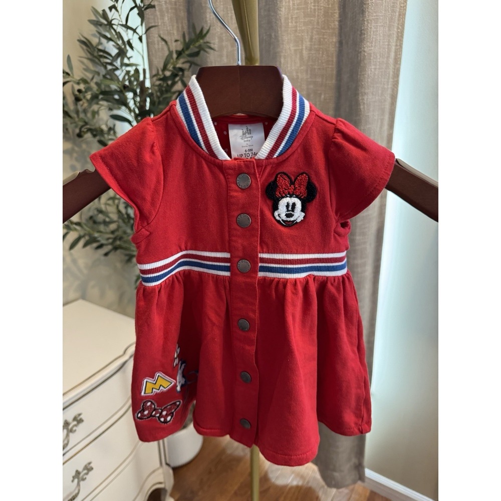 Disney Baby Minnie Mouse Varsity Dress 6-9M Red Snap Front  Appliqués patches